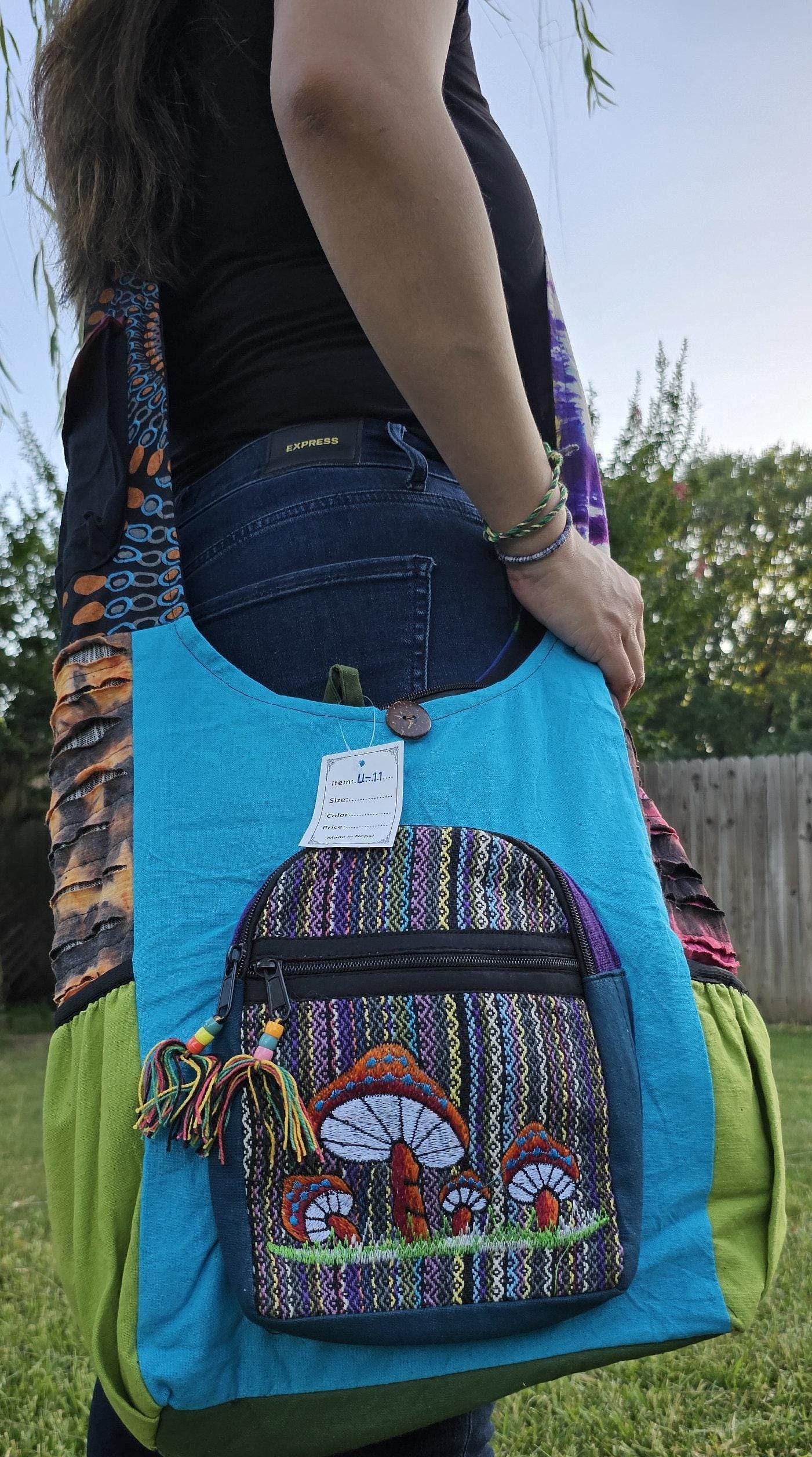 Namaste mushroom embroidery hemp unique fine cotton colorful patchwork handmade boho multi-purpose women cross body nepalese jogi bag