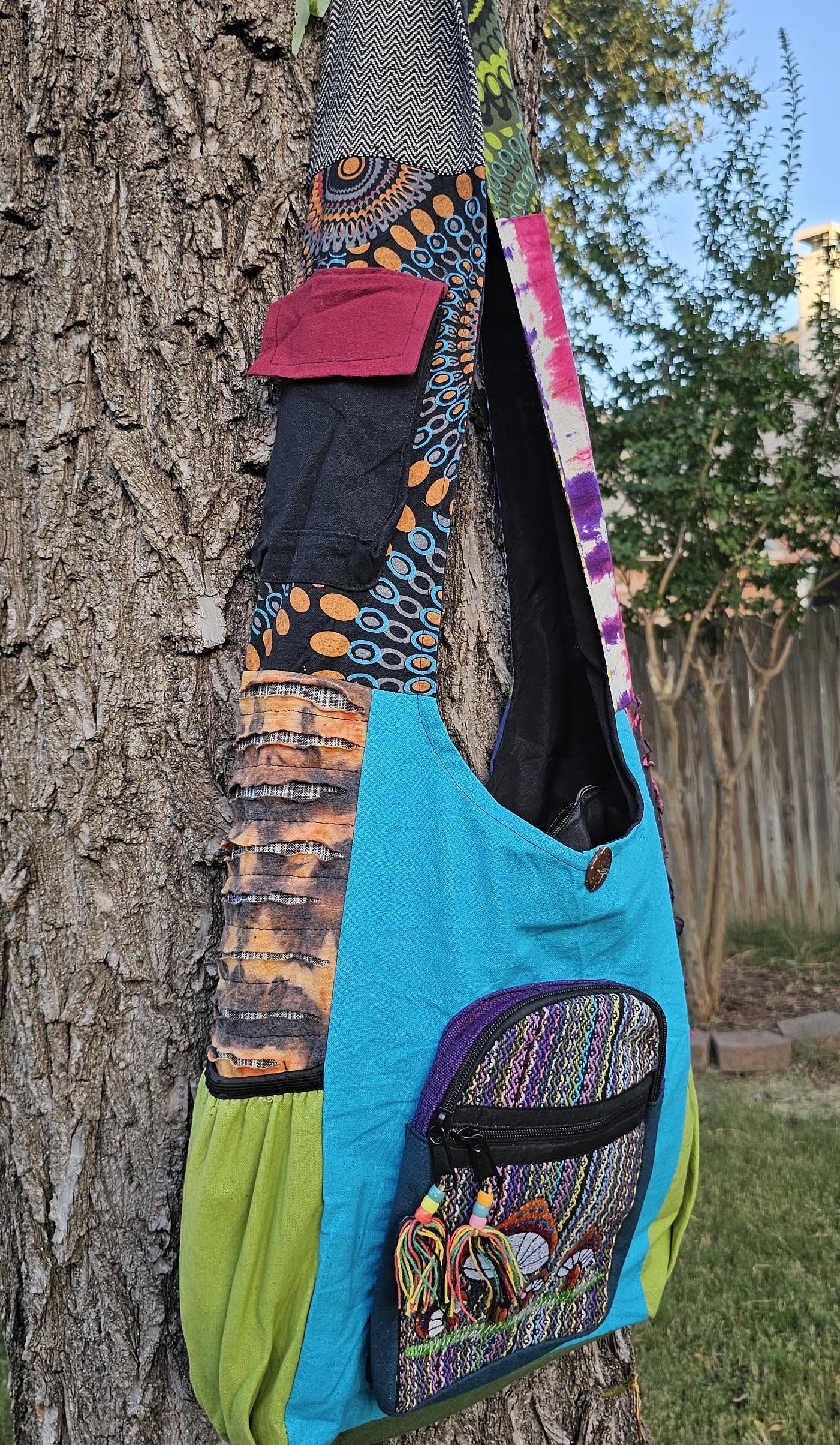 Namaste mushroom embroidery hemp unique fine cotton colorful patchwork handmade boho multi-purpose women cross body nepalese jogi bag