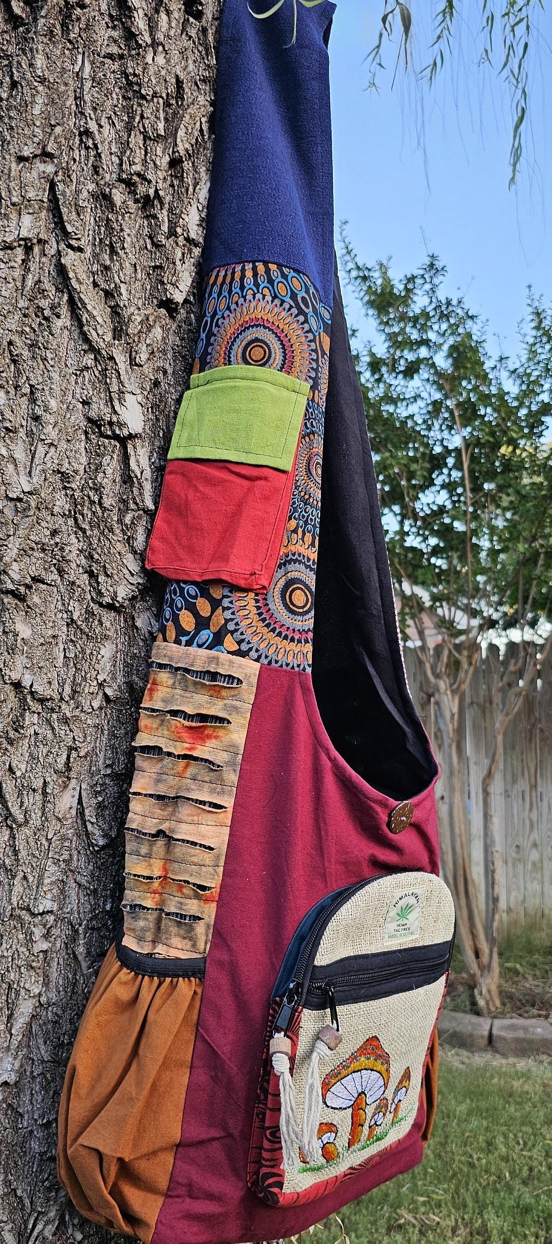 Namaste mushroom embroidery hemp unique fine cotton colorful patchwork handmade boho multi-purpose women cross body nepalese jogi bag