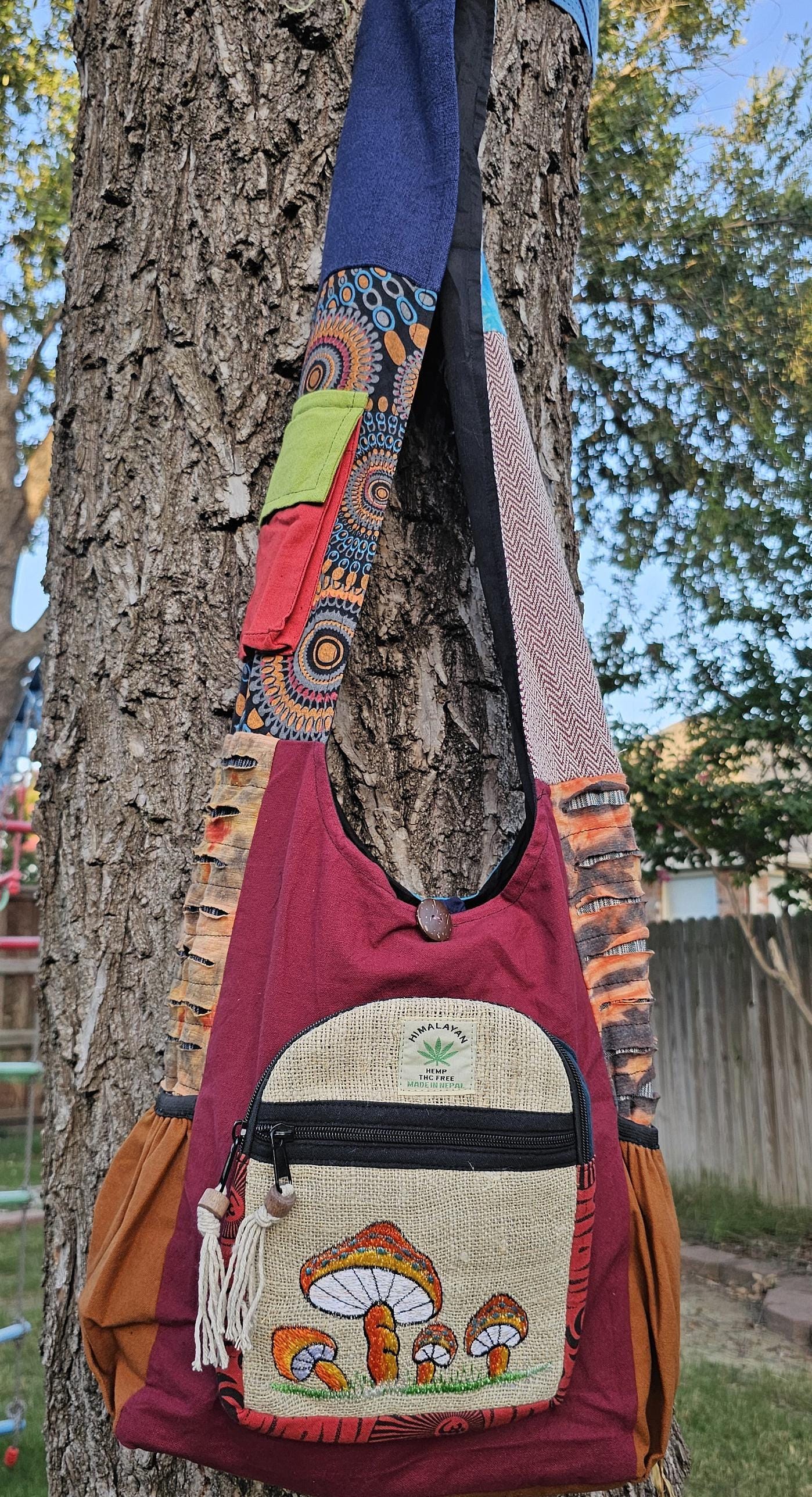 Namaste mushroom embroidery hemp unique fine cotton colorful patchwork handmade boho multi-purpose women cross body nepalese jogi bag