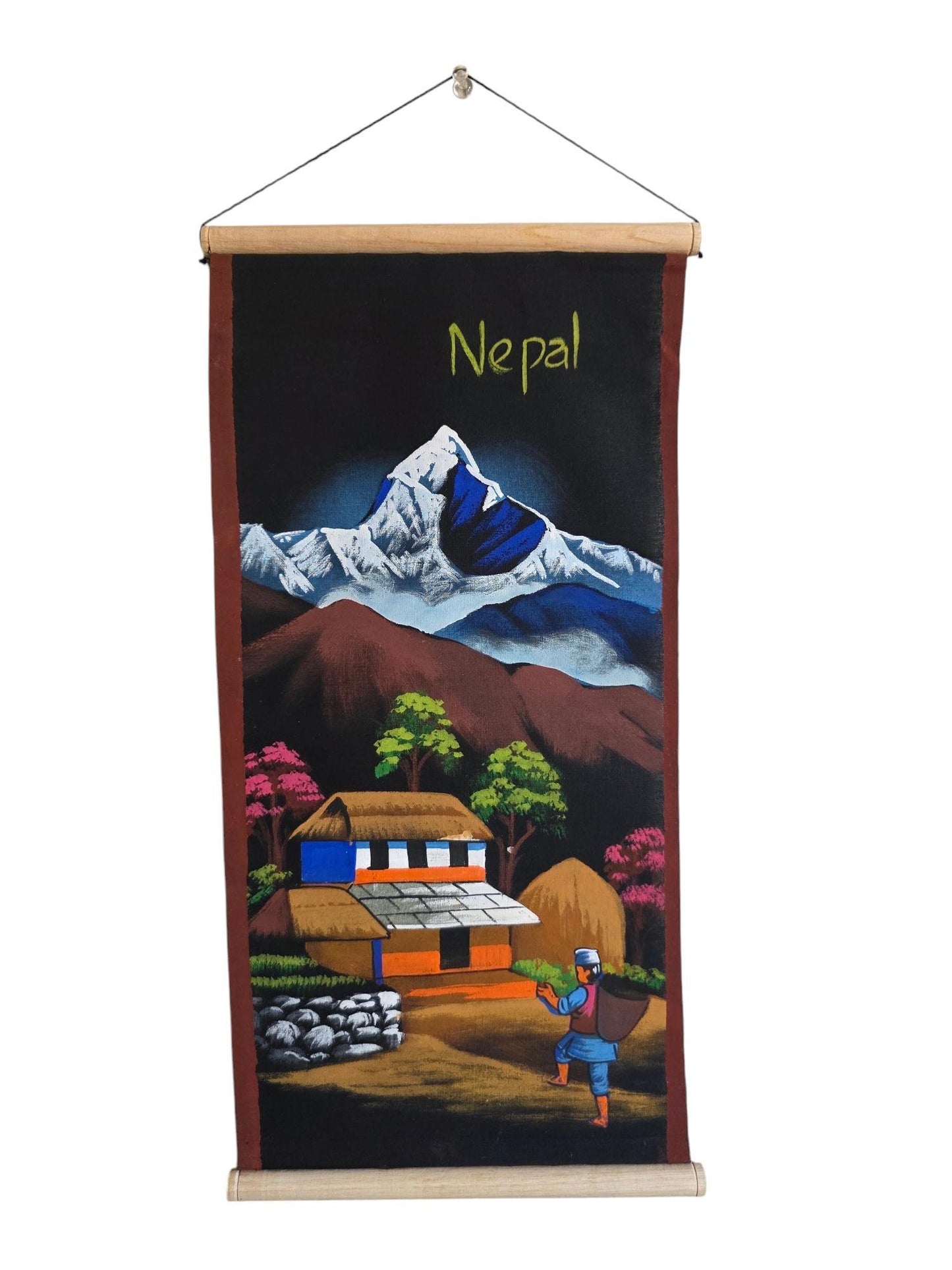 Namaste handmade mountain nepalese village authentic cloth hand-painted wall hanging artwork