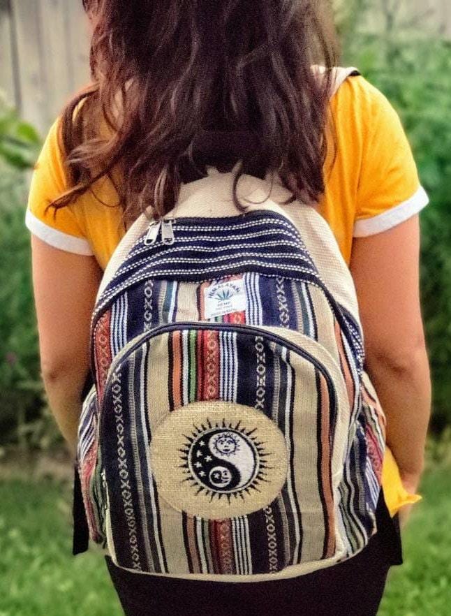 Namaste blue with yingyang embroidery fashionable unisex multicolor natural gheri with handmade organic vegan eco-friendly backpack.