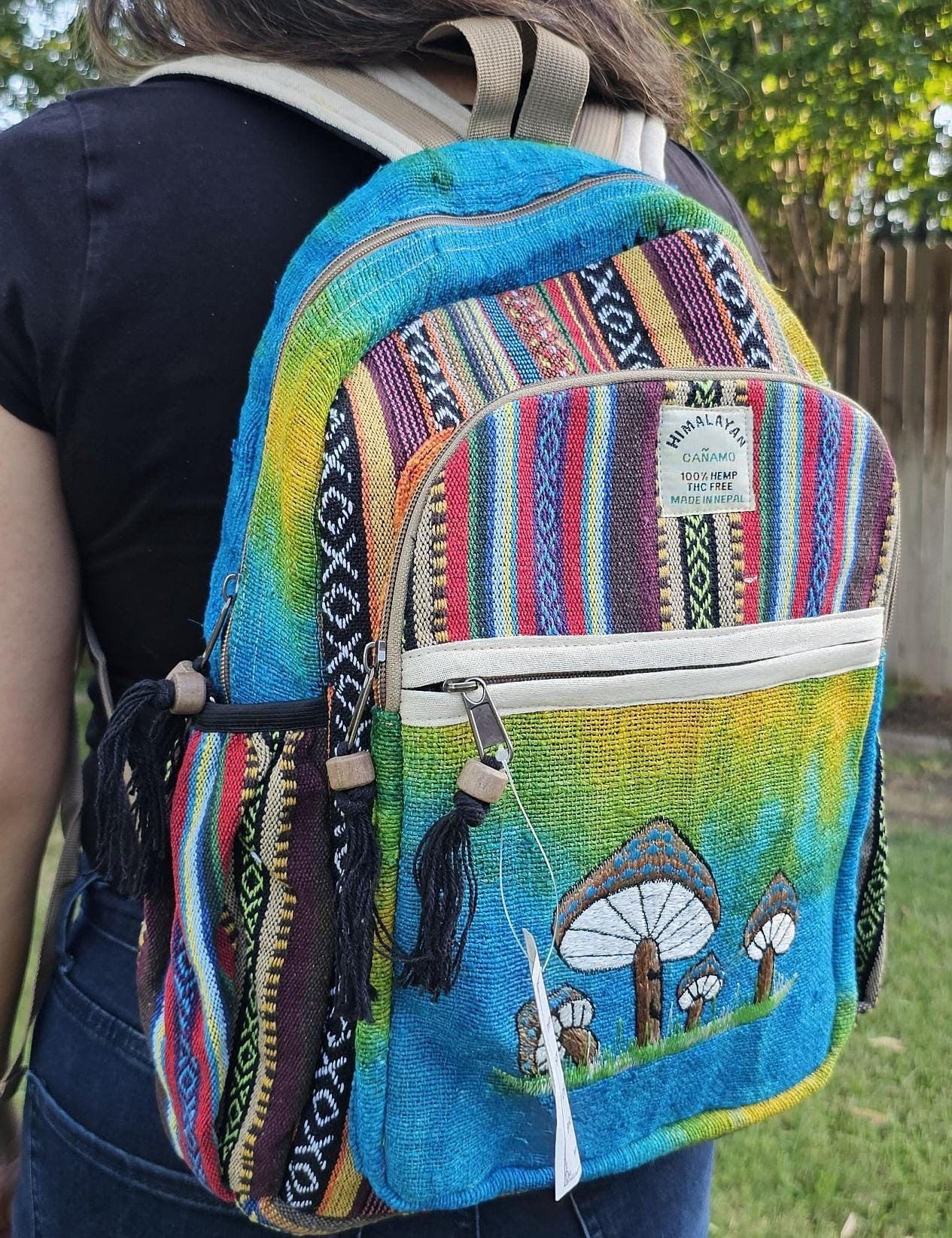Namaste organic natural himalayan hemp with mushroom embroidery large nepalese boho hippie durable cute printed unisex backpack