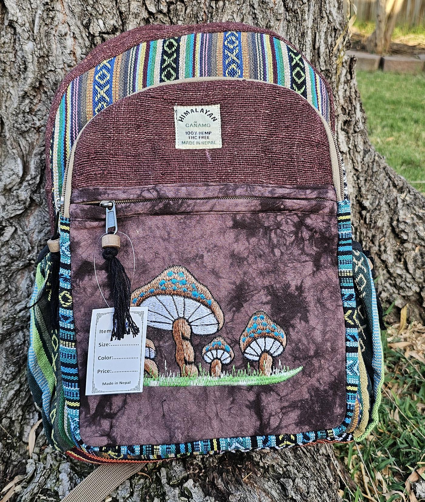 Namaste organic natural himalayan hemp with mushroom embroidery large nepalese boho hippie durable cute printed unisex backpack