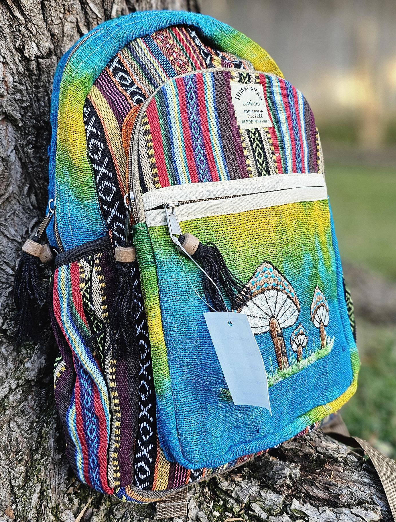 Namaste organic natural himalayan hemp with mushroom embroidery large nepalese boho hippie durable cute printed unisex backpack