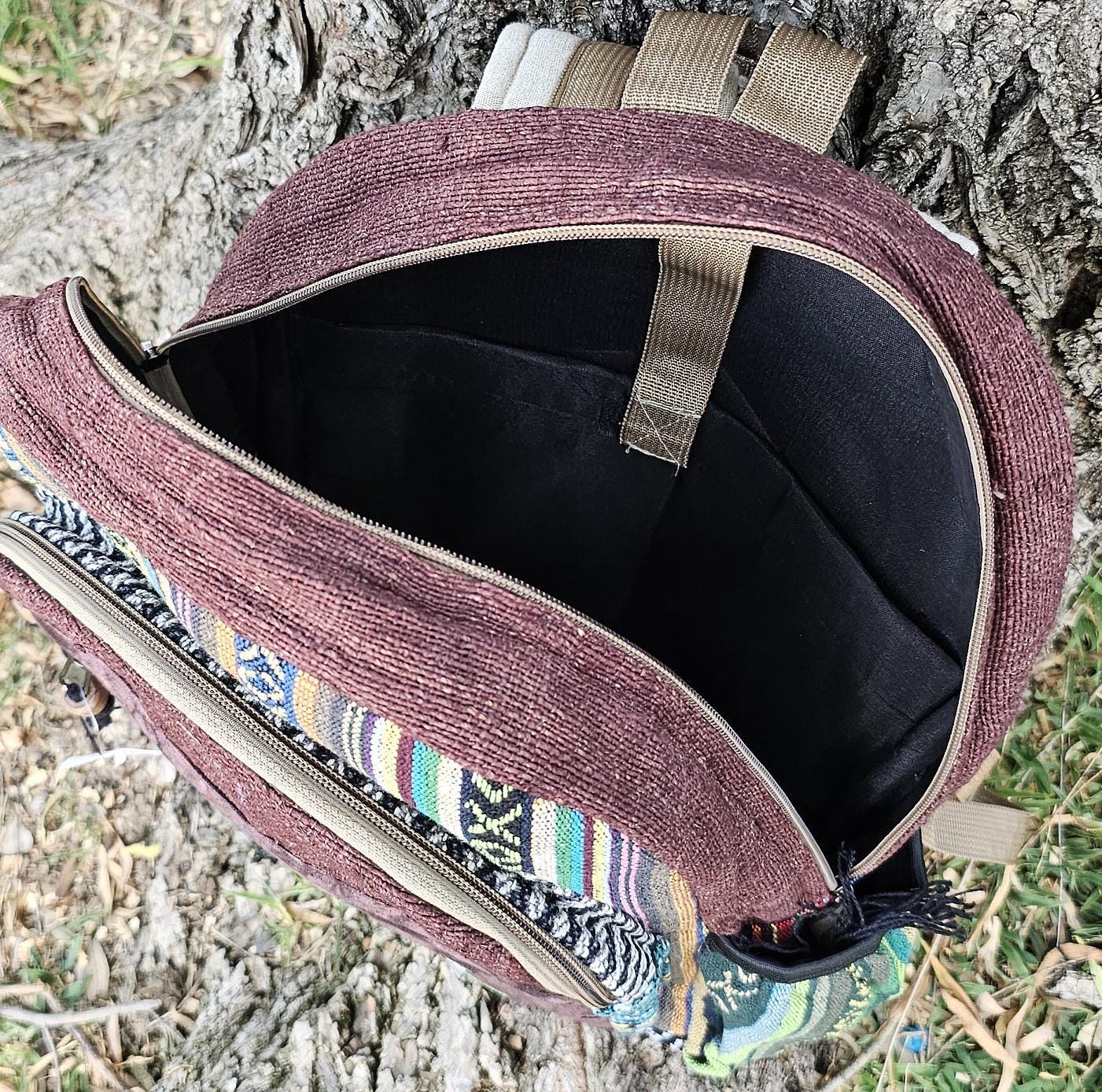Namaste organic natural himalayan hemp with mushroom embroidery large nepalese boho hippie durable cute printed unisex backpack