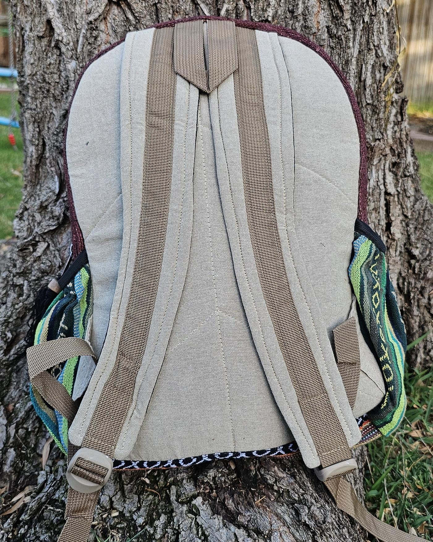Namaste organic natural himalayan hemp with mushroom embroidery large nepalese boho hippie durable cute printed unisex backpack