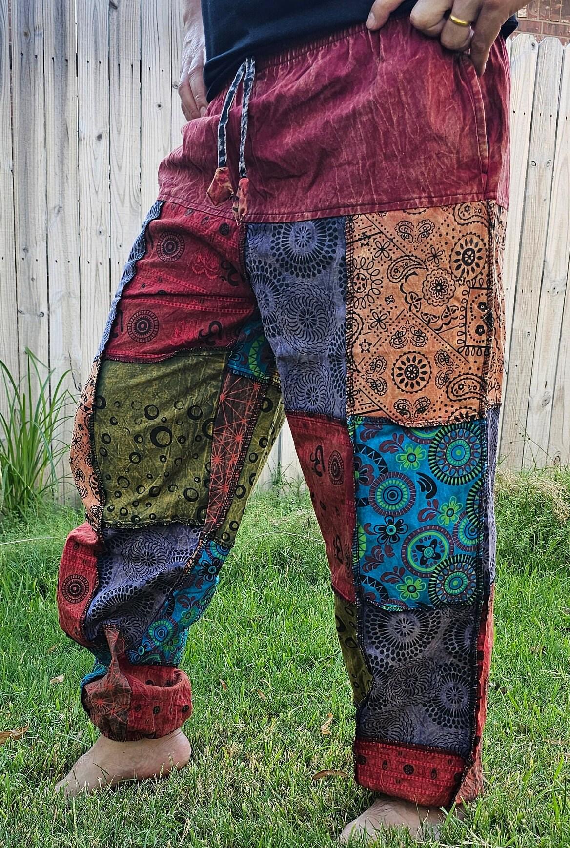 Namaste fashionable unisex multicolor handmade hippie patchwork non acidic dyed cotton boho comfy festival stonewashed yoga pants trouser