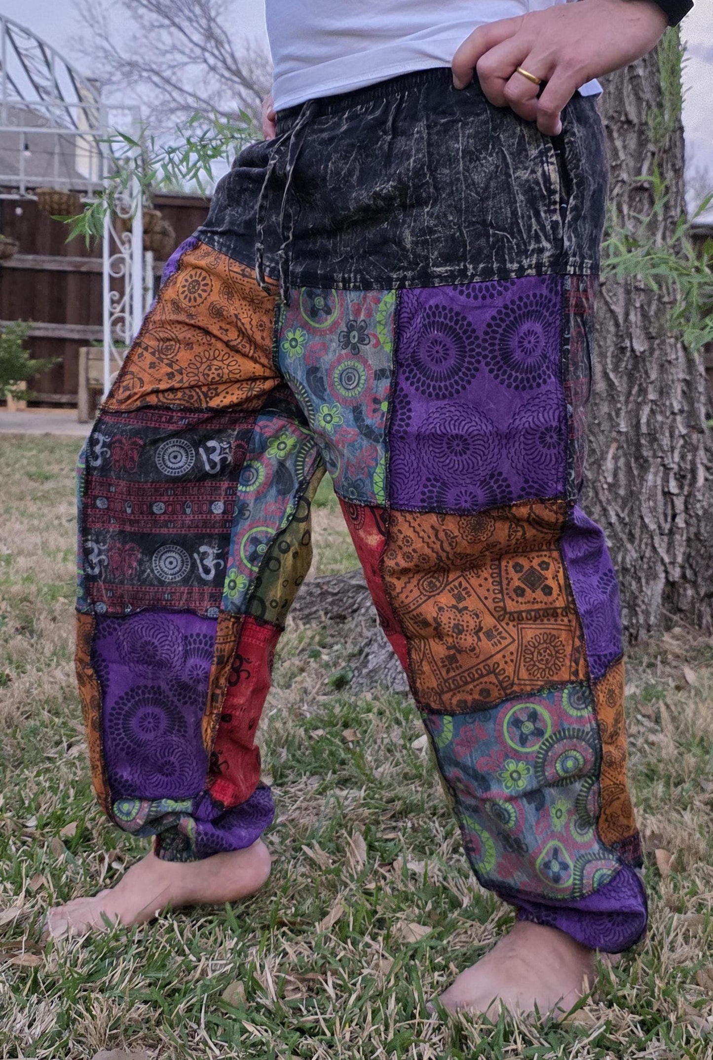 Namaste fashionable unisex multicolor handmade hippie patchwork non acidic dyed cotton boho comfy festival stonewashed yoga pants trouser