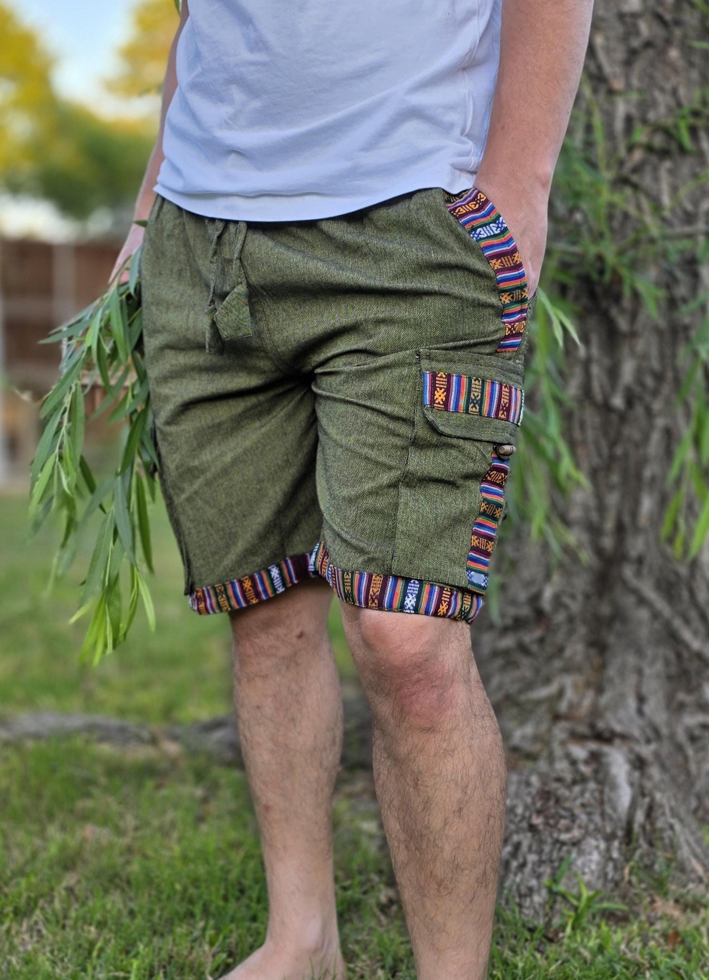 Bohemian handmade cotton unisex elastic colorful cargo shorts