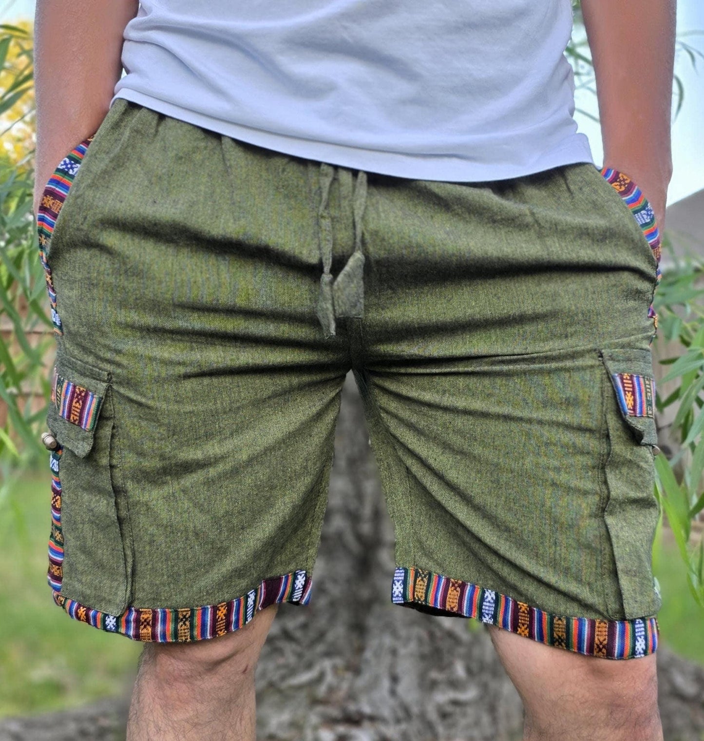 Bohemian handmade cotton unisex elastic colorful cargo shorts
