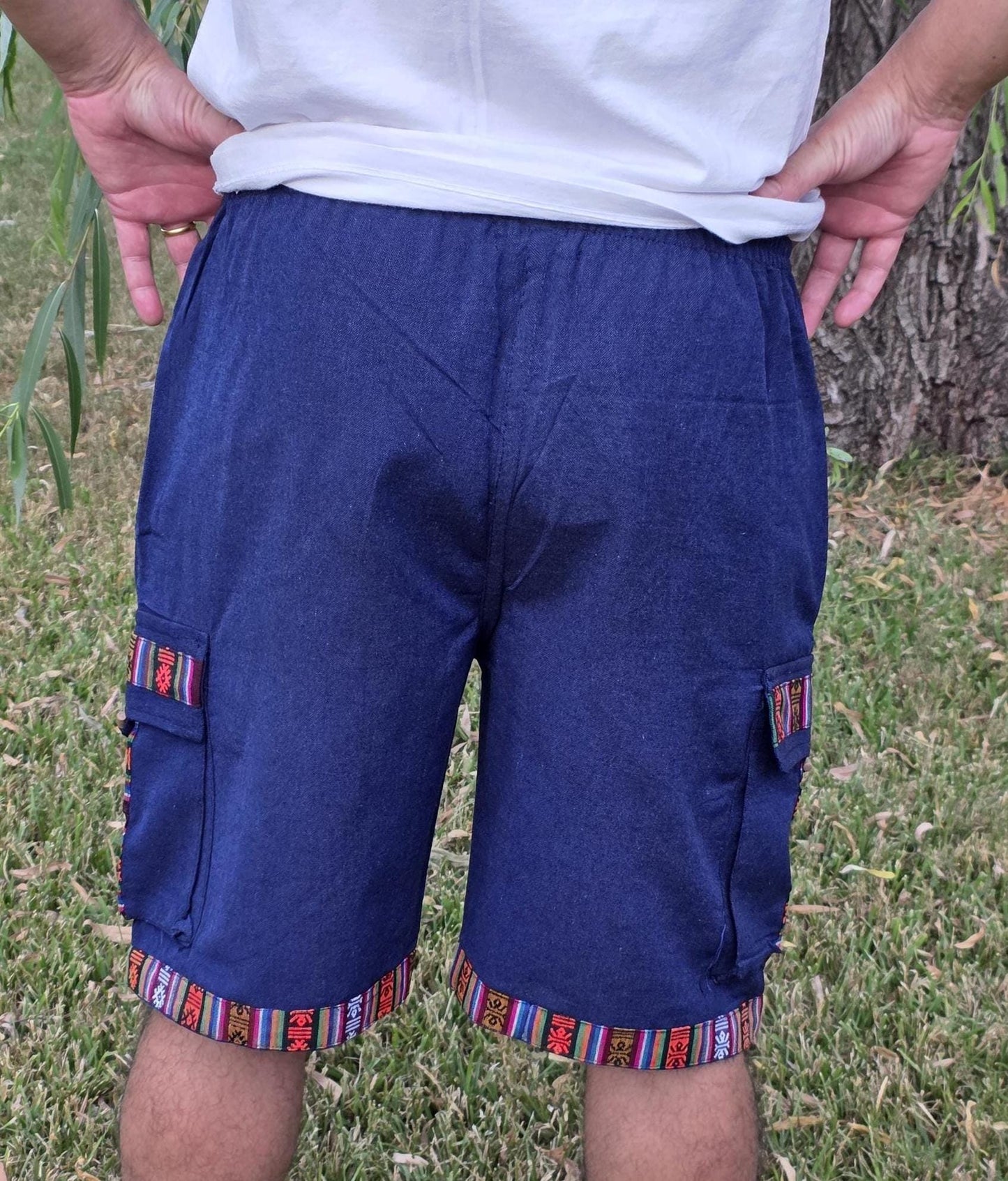 Bohemian handmade cotton unisex elastic colorful cargo shorts