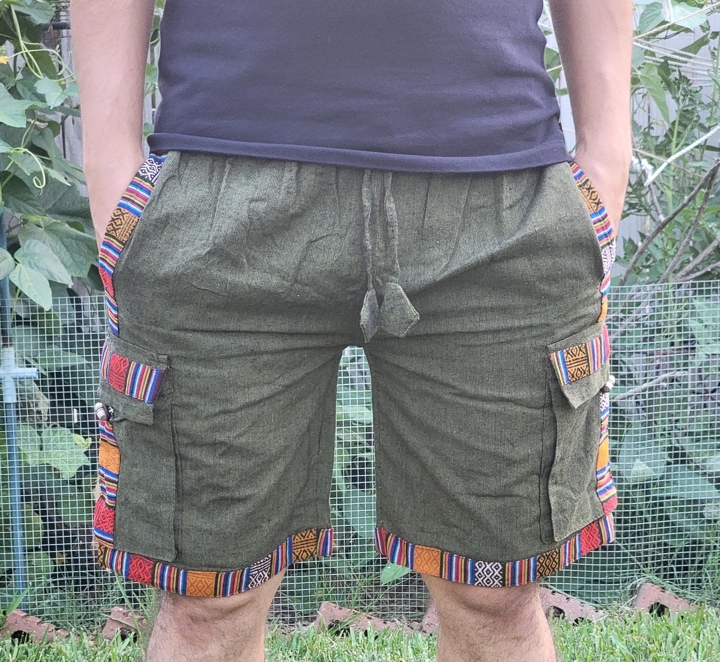 Bohemian handmade cotton unisex elastic colorful cargo shorts