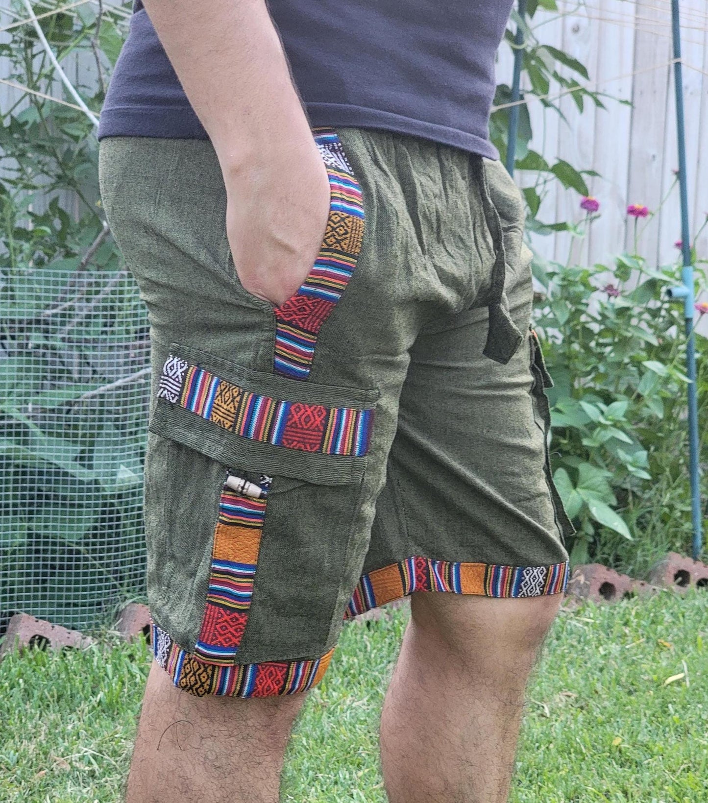 Bohemian handmade cotton unisex elastic colorful cargo shorts