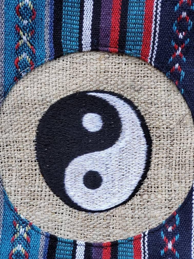 Namaste blue with yingyang embroidery fashionable unisex multicolor natural gheri with handmade organic vegan eco-friendly backpack.
