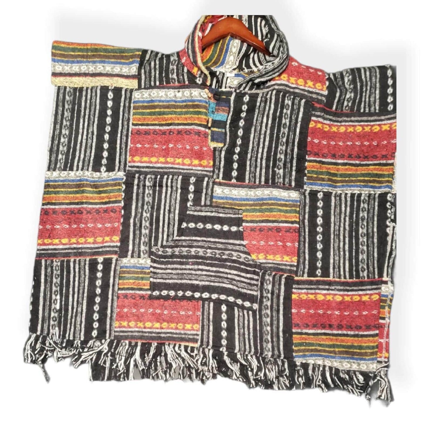 Namaste multicolor rectangular shaped aztec styled handmade beautifully hippie comfy one sized cozy poncho winter unisex cotton pullover.