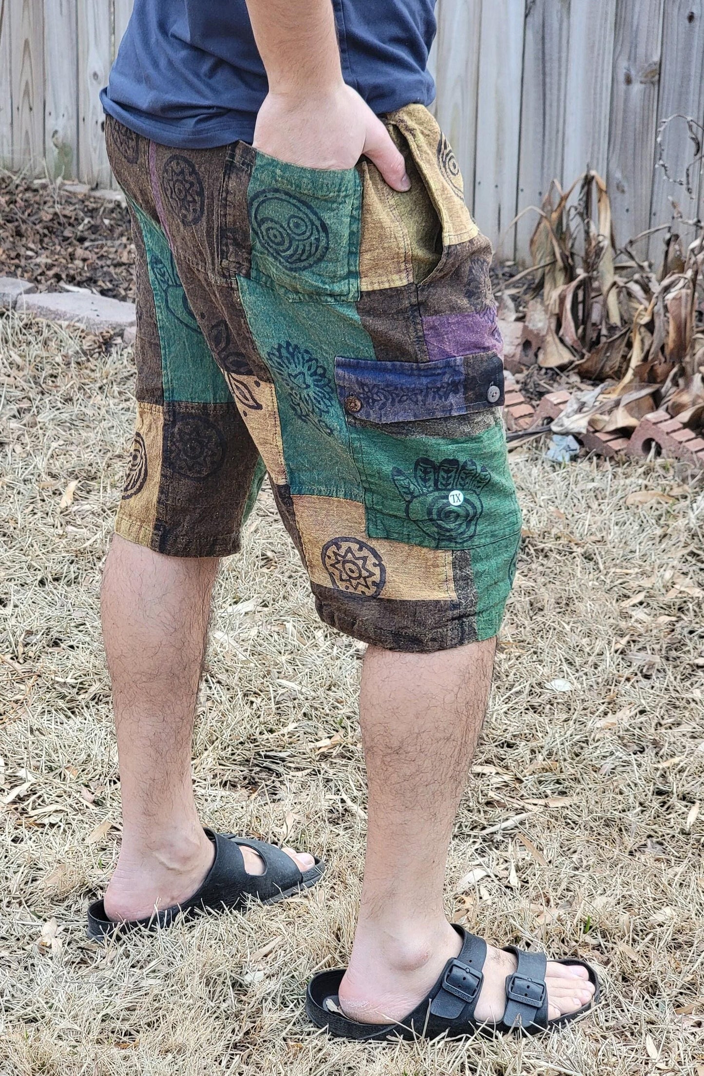 Nepalese unisex handmade colorful patchwork stonewashed prints on each patch light weight elastic waist cotton shorts