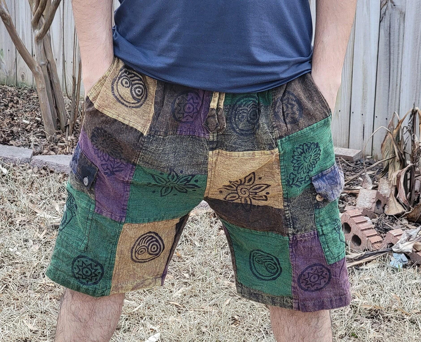 Nepalese unisex handmade colorful patchwork stonewashed prints on each patch light weight elastic waist cotton shorts