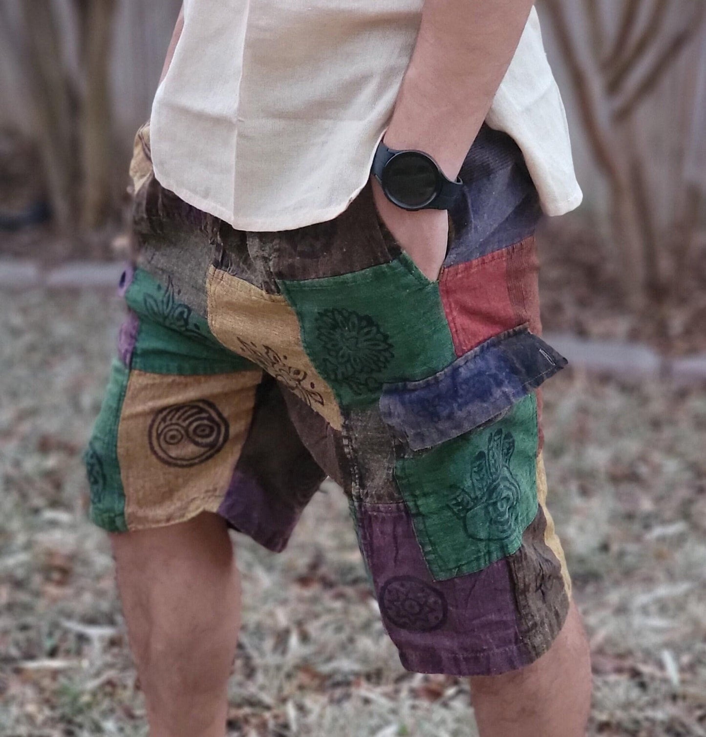 Nepalese unisex handmade colorful patchwork stonewashed prints on each patch light weight elastic waist cotton shorts