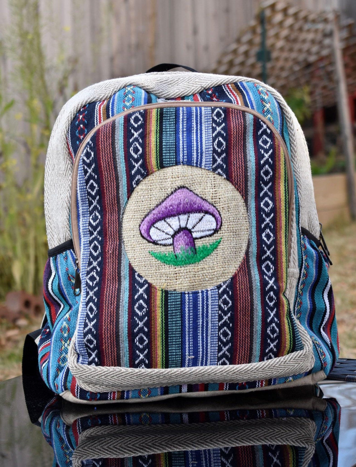 Namaste bohemian mushroom embroidery fashionable unisex multicolor natural gheri with handmade organic vegan eco-friendly backpack.