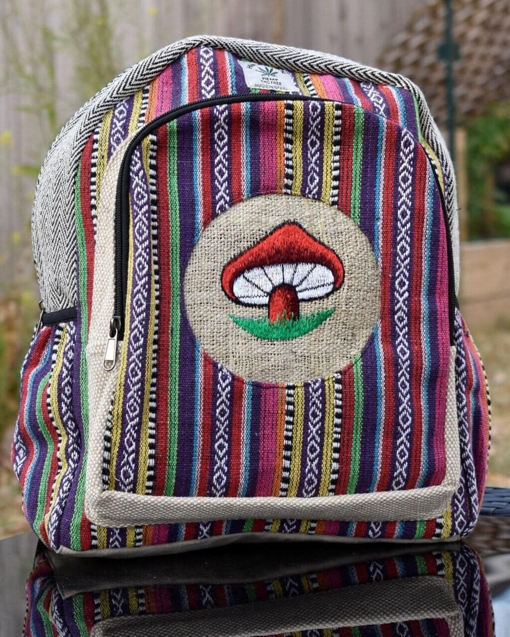 Namaste bohemian mushroom embroidery fashionable unisex multicolor natural gheri with handmade organic vegan eco-friendly backpack.