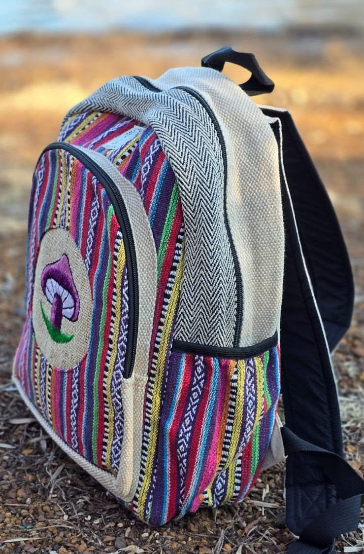 Namaste bohemian mushroom embroidery fashionable unisex multicolor natural gheri with handmade organic vegan eco-friendly backpack.
