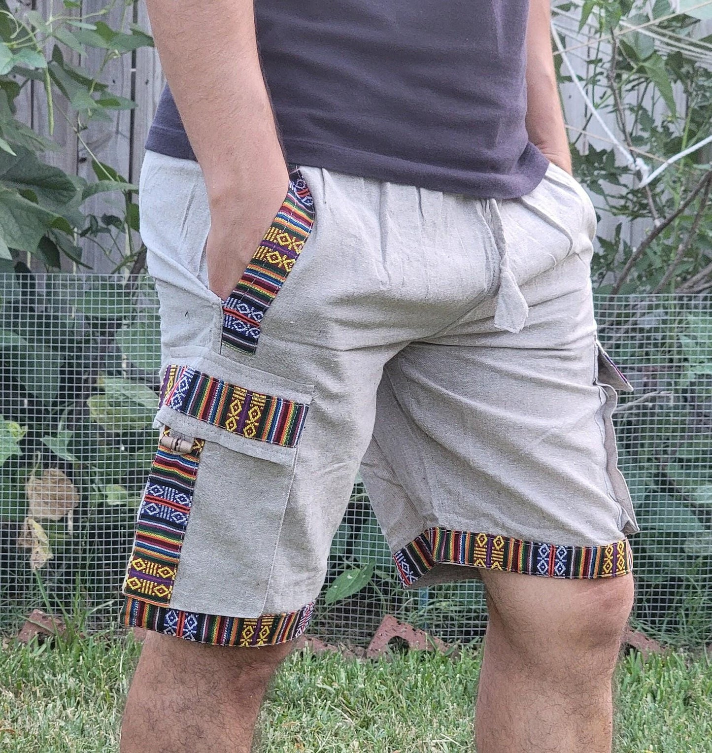 Bohemian handmade cotton unisex elastic cargo shorts