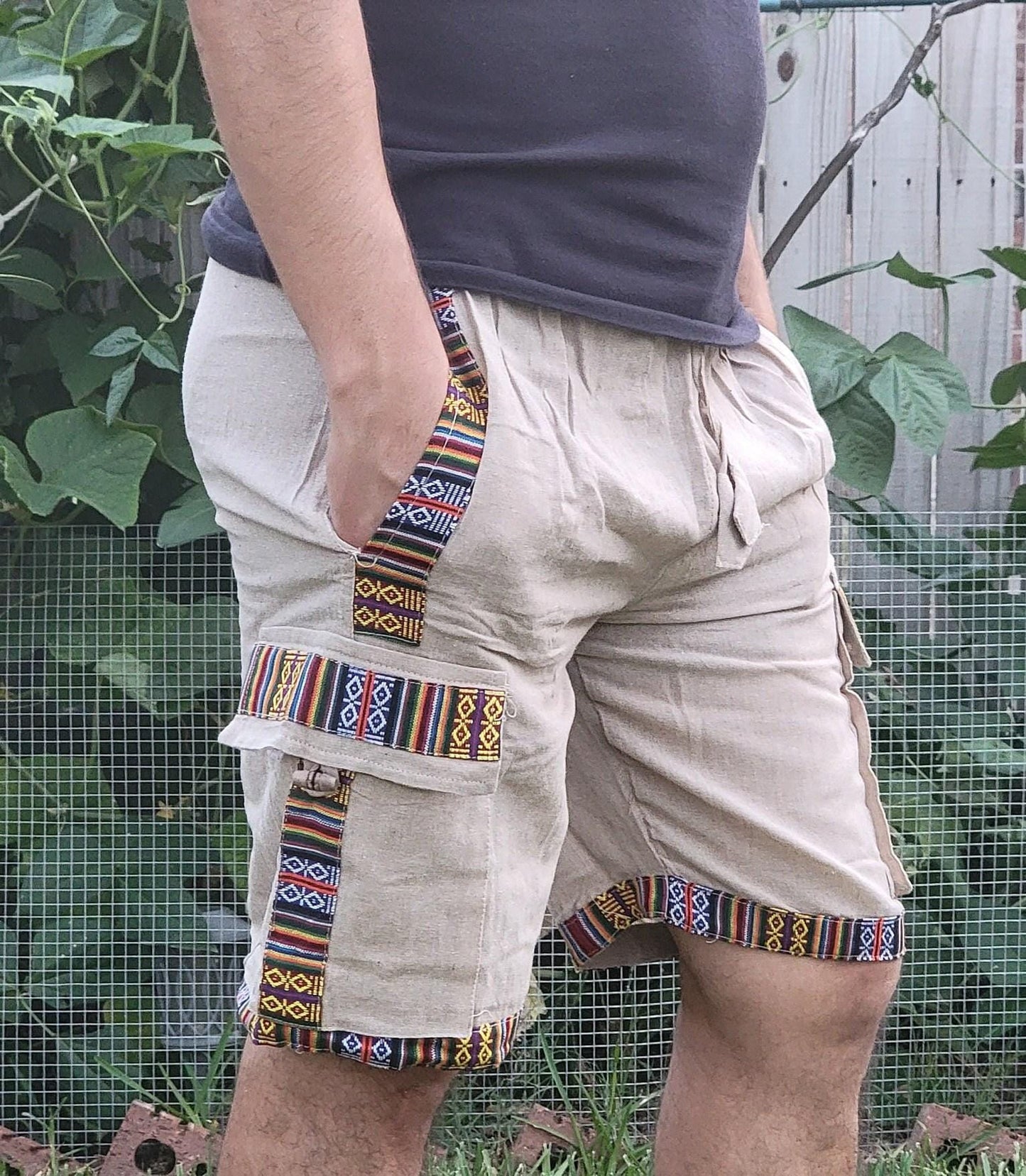 Bohemian handmade cotton unisex elastic cargo shorts
