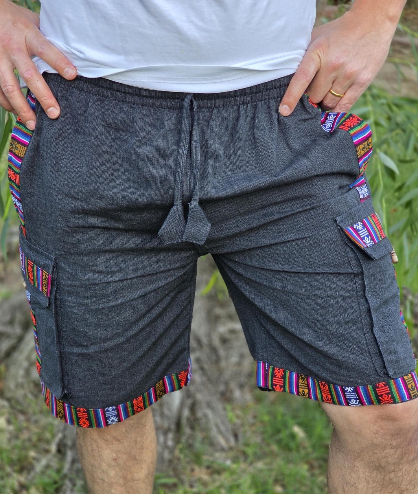 Bohemian handmade cotton unisex elastic cargo shorts