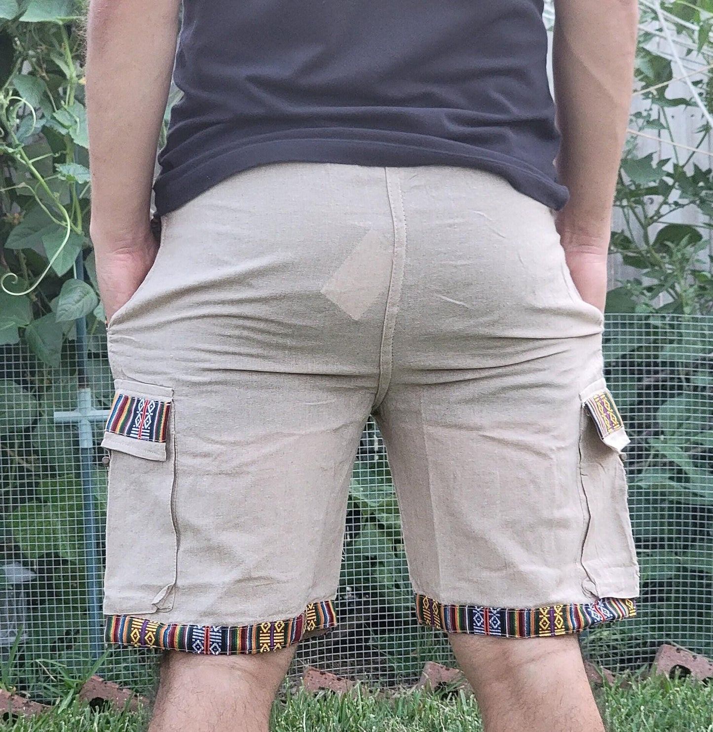 Bohemian handmade cotton unisex elastic cargo shorts