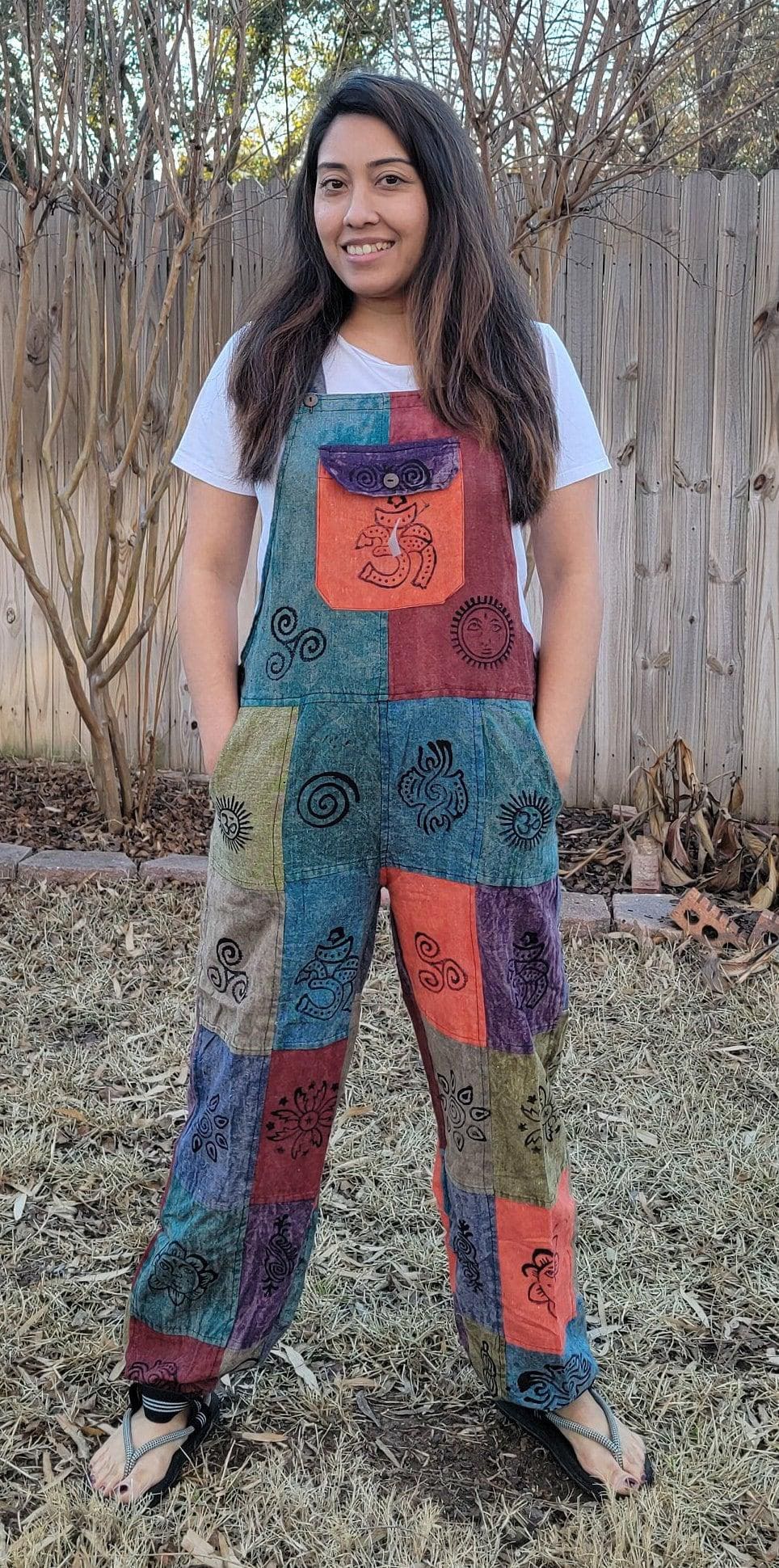 Namaste fashionable unisex multicolor stonewashed handmade hippie patchwork durable non acidic hippie cotton jumpsuit dungarees