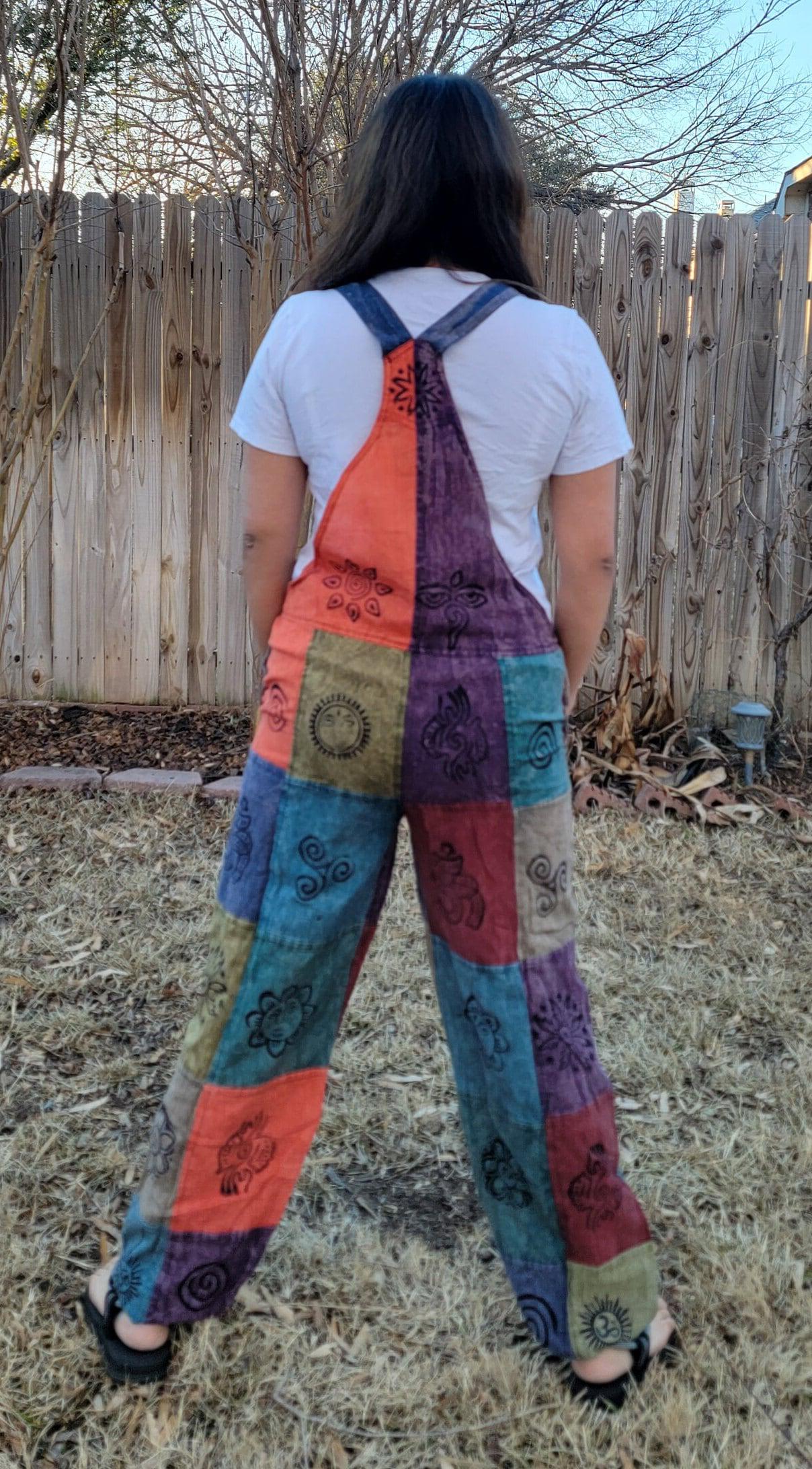 Namaste fashionable unisex multicolor stonewashed handmade hippie patchwork durable non acidic hippie cotton jumpsuit dungarees