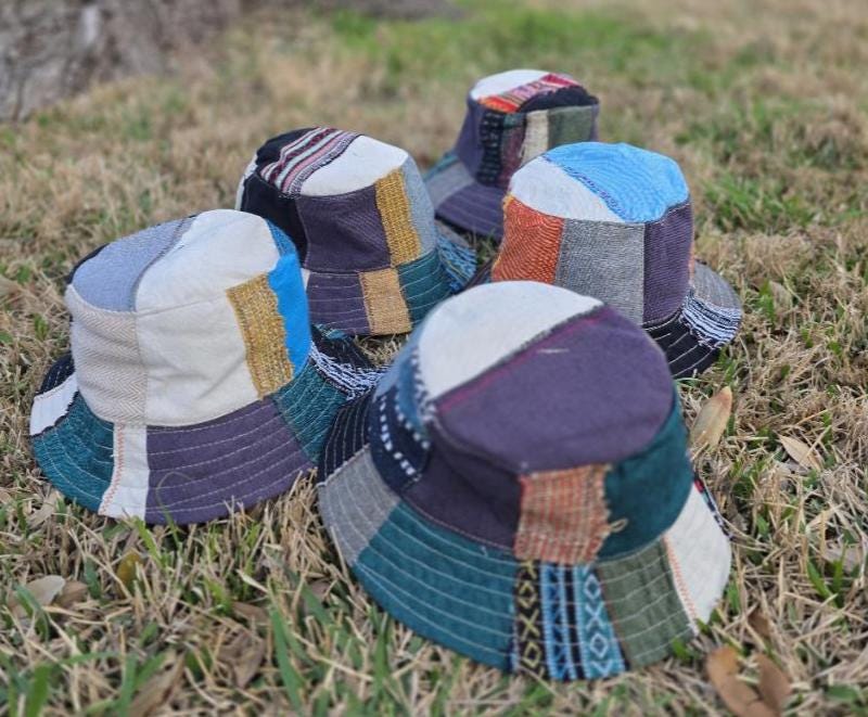 Namaste Fashionable Unisex Multicolor Handmade Flowers Hippie Durable Patchwork Eco-Friendly Organic Hemp Wire Rim Bucket Hat