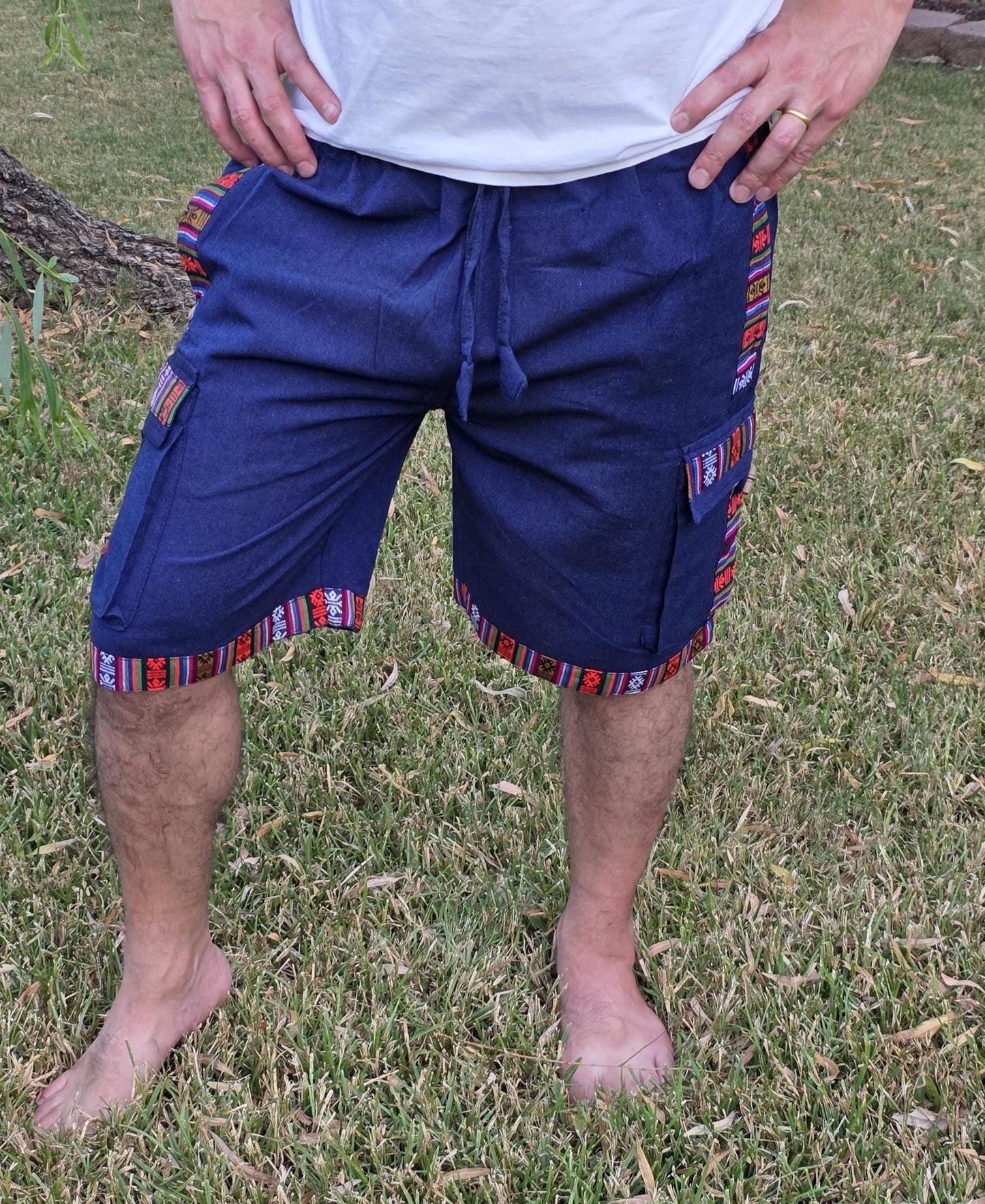 Bohemian handmade cotton unisex elastic colorful cargo shorts