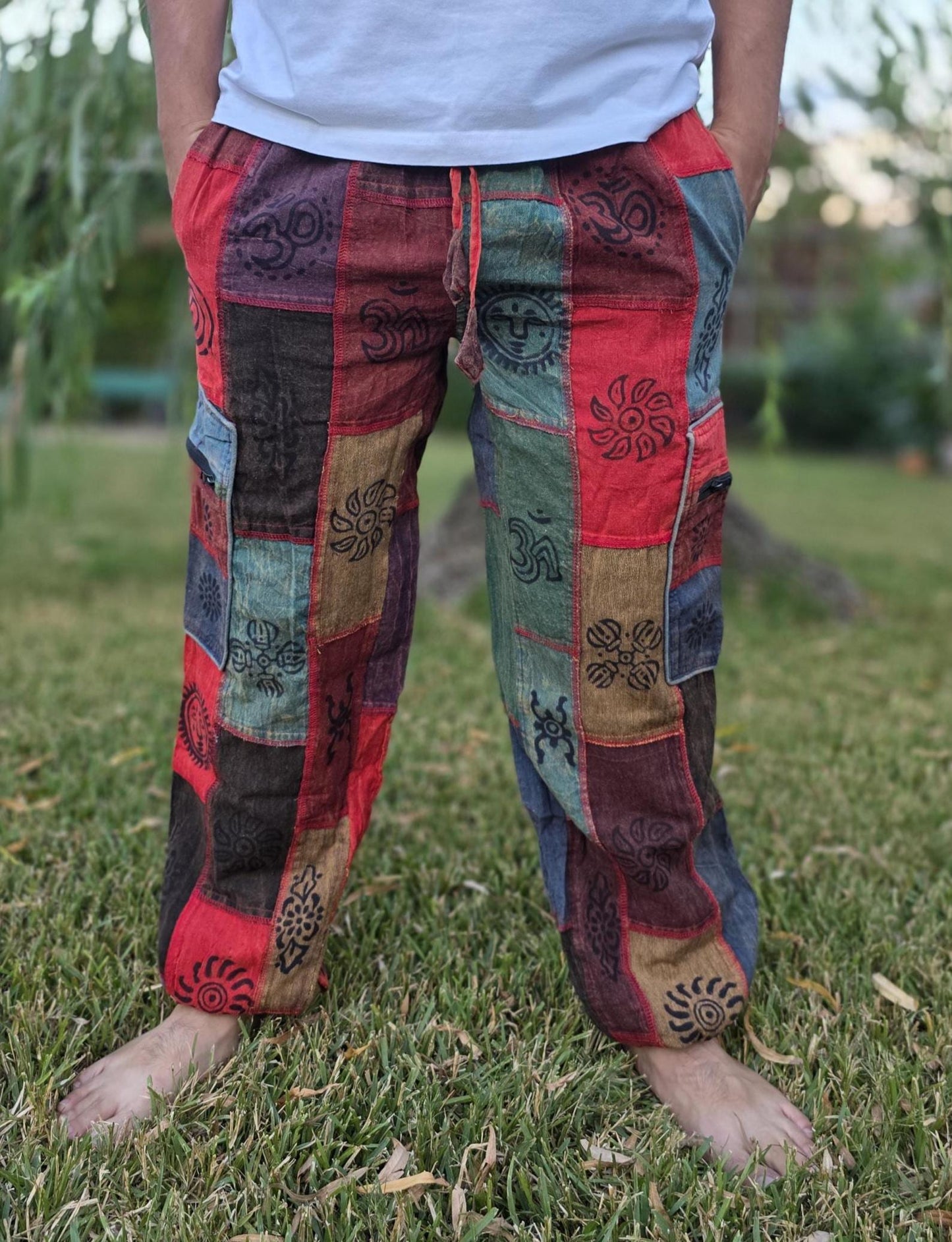 Namaste fashionable unisex multicolor handmade hippie patchwork non acidic dyed cotton boho comfy festival stonewashed yoga pants trouser