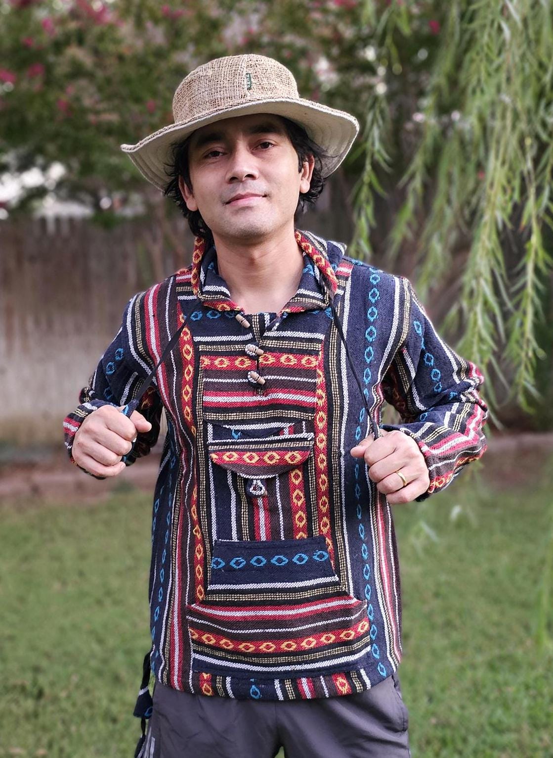 Namaste yellow hippie unisex puncho retro multicolored baja nepalese pullover limited edition handmade fashionable gheri warm pullover
