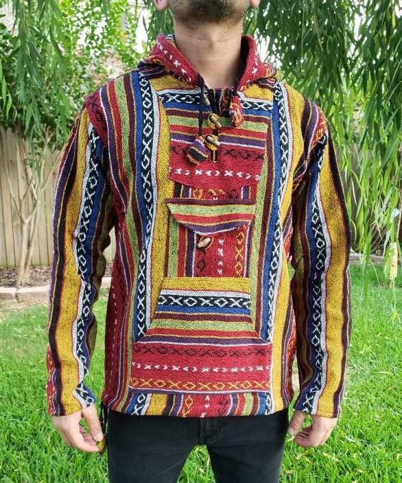 Namaste yellow hippie unisex puncho retro multicolored baja nepalese pullover limited edition handmade fashionable gheri warm pullover