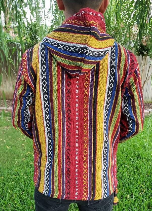 Namaste yellow hippie unisex puncho retro multicolored baja nepalese pullover limited edition handmade fashionable gheri warm pullover
