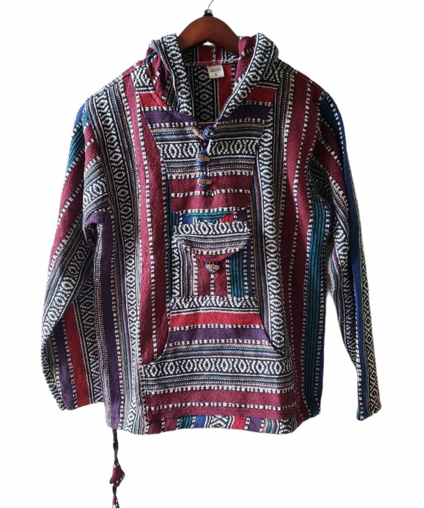Namaste redblue hippie unisex puncho retro multicolored baja nepalese pullover limited edition handmade fashionable gheri warm pullover
