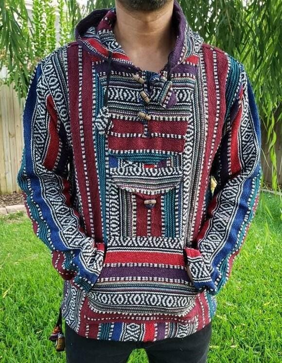 Namaste redblue hippie unisex puncho retro multicolored baja nepalese pullover limited edition handmade fashionable gheri warm pullover