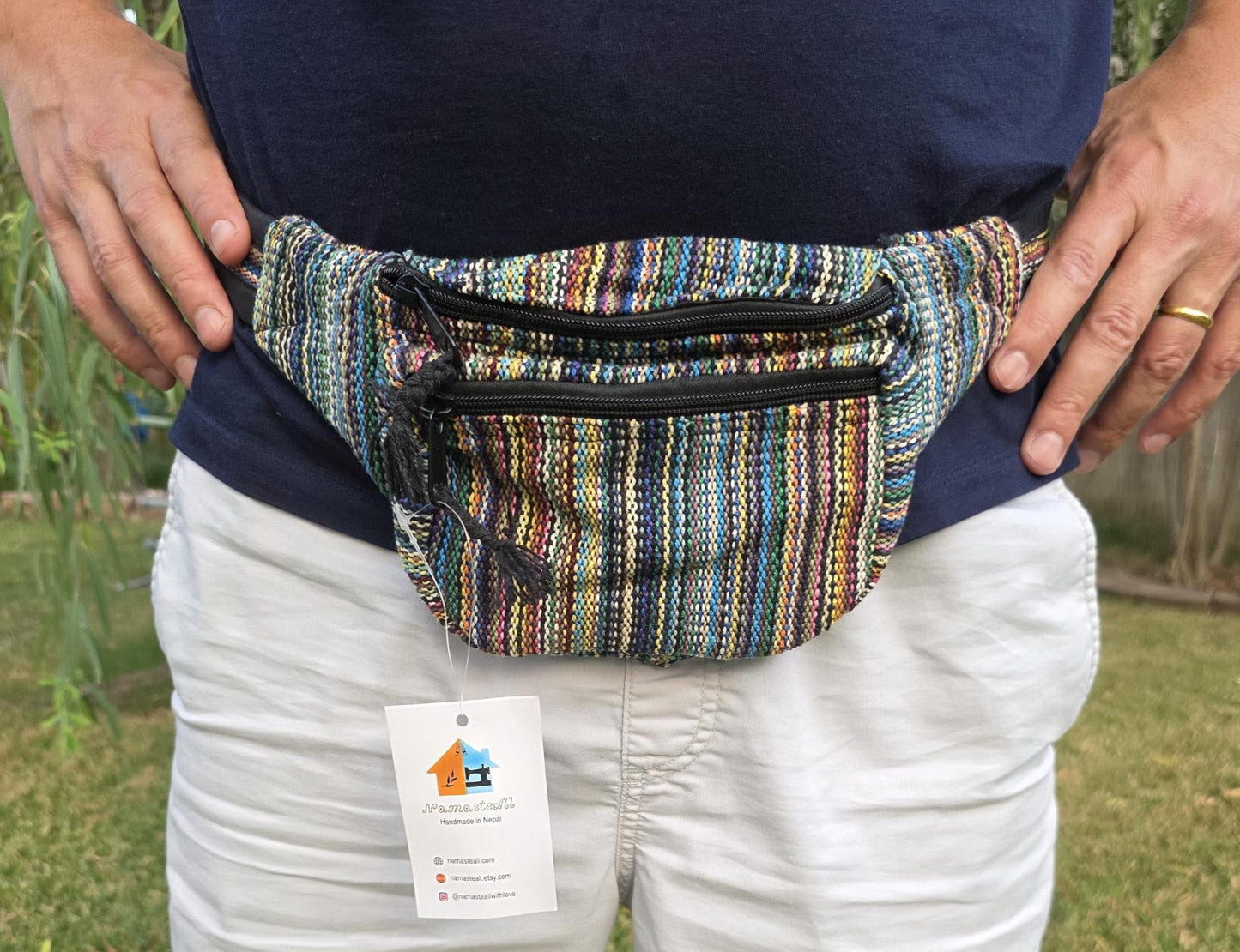 Namaste handmade unisex colorful fashionable unique organic hemp bag/fanny pack/bum bag/money bag/passport bag