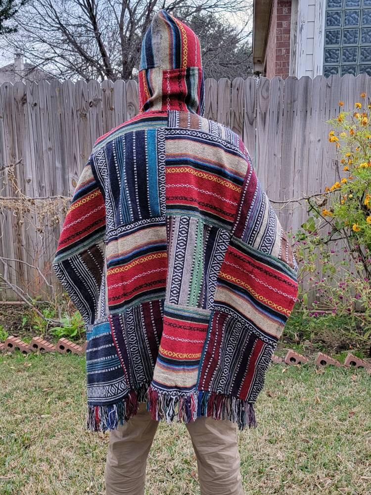 Namaste multicolor rectangular shaped aztec styled handmade beautifully hippie comfy one sized cozy poncho winter unisex cotton pullover.
