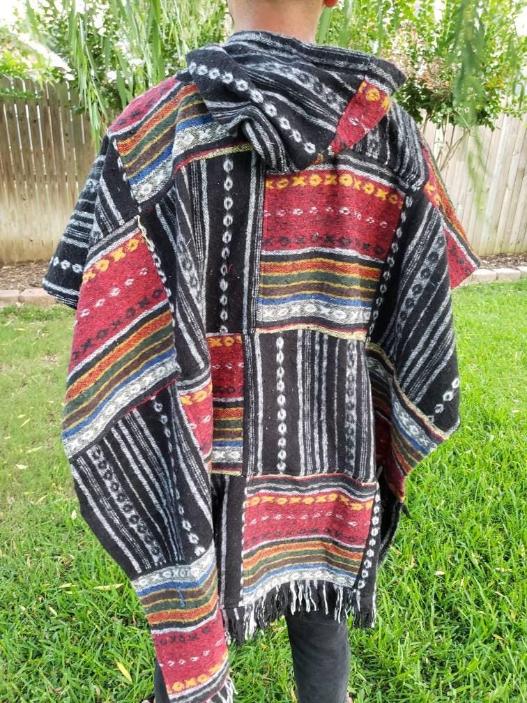 Namaste multicolor rectangular shaped aztec styled handmade beautifully hippie comfy one sized cozy poncho winter unisex cotton pullover.