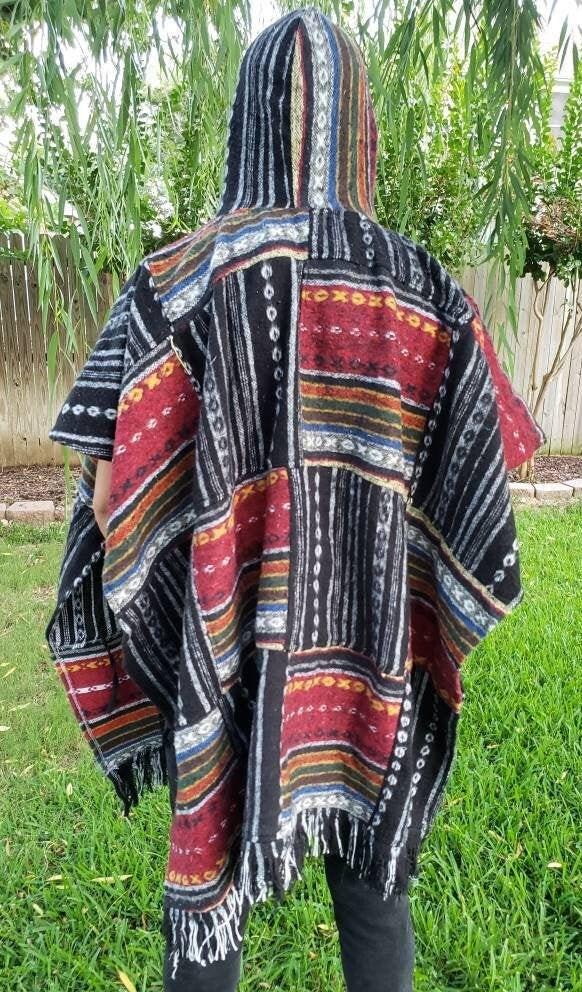 Namaste multicolor rectangular shaped aztec styled handmade beautifully hippie comfy one sized cozy poncho winter unisex cotton pullover.
