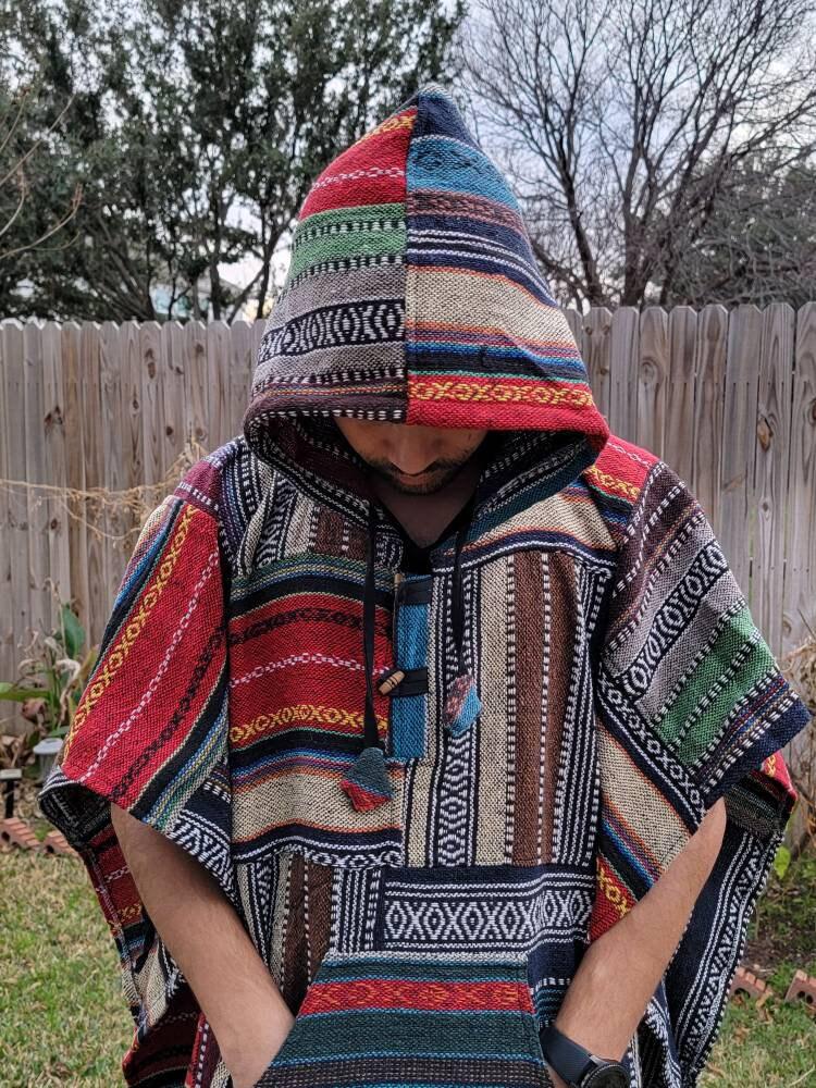 Namaste multicolor rectangular shaped aztec styled handmade beautifully hippie comfy one sized cozy poncho winter unisex cotton pullover.
