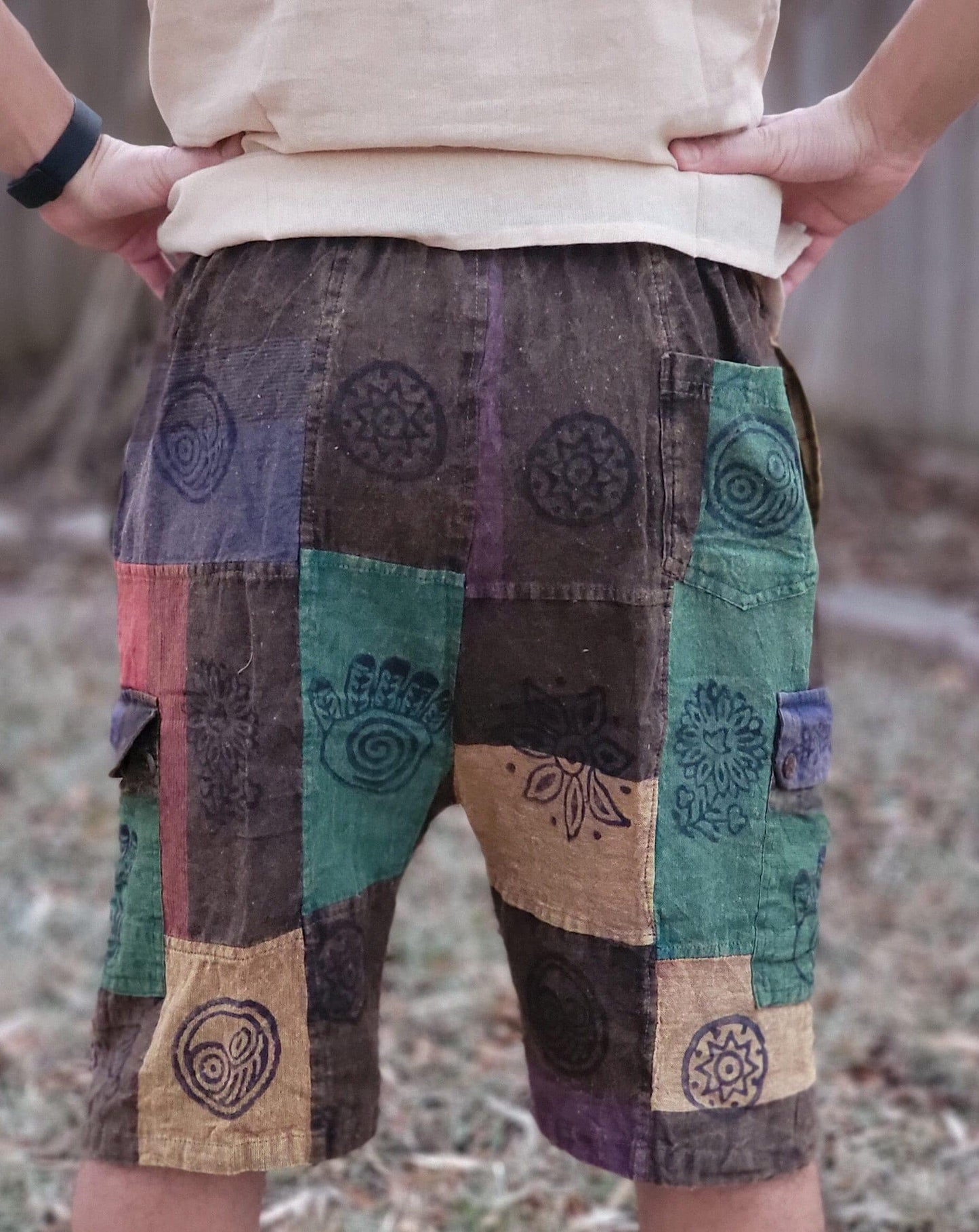 Nepalese unisex handmade colorful patchwork stonewashed prints on each patch light weight elastic waist cotton shorts
