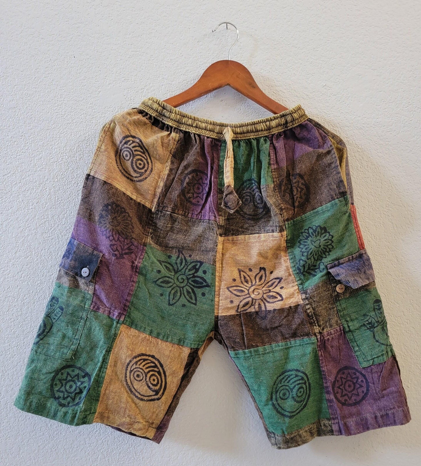 Nepalese unisex handmade colorful patchwork stonewashed prints on each patch light weight elastic waist cotton shorts
