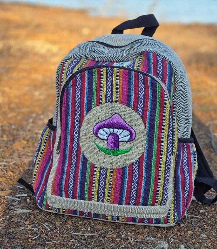 Namaste bohemian mushroom embroidery fashionable unisex multicolor natural gheri with handmade organic vegan eco-friendly backpack.
