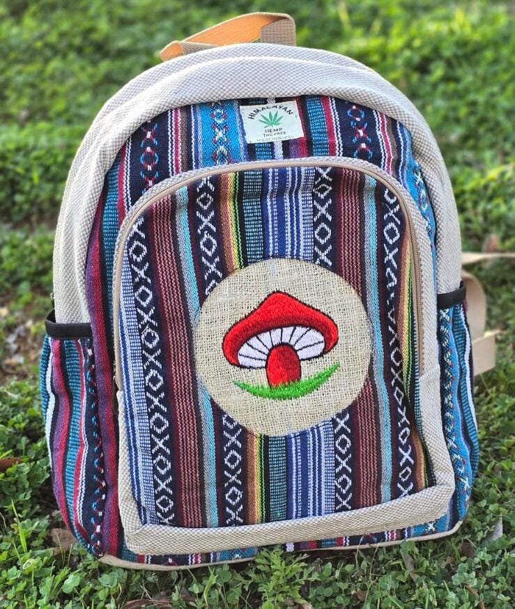Namaste bohemian mushroom embroidery fashionable unisex multicolor natural gheri with handmade organic vegan eco-friendly backpack.
