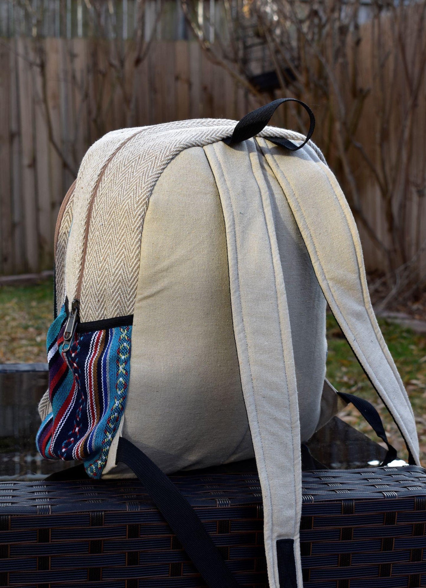 Namaste bohemian mushroom embroidery fashionable unisex multicolor natural gheri with handmade organic vegan eco-friendly backpack.